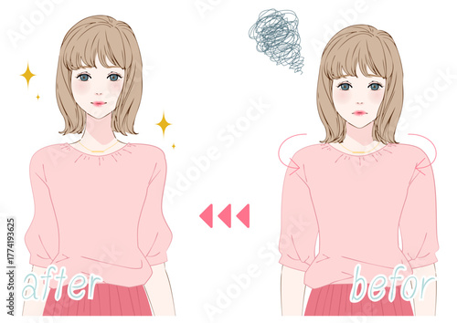 姿勢改善ビフォーアフター若い女性上半身ピンク