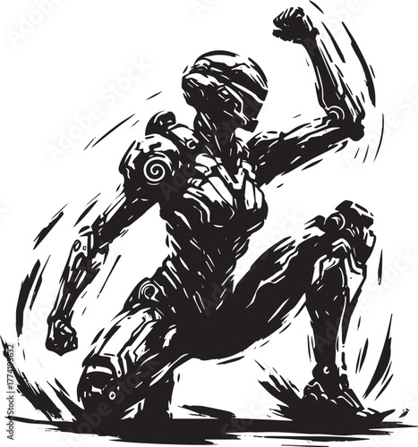 Cybernetic warrior crouching in a defensive pose rendered in sum