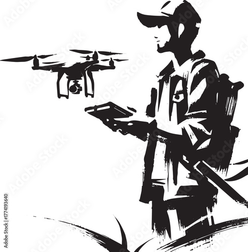 Sumi-e style illustration of a man operating a drone with remote