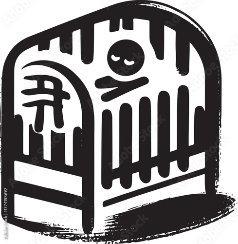 Ink wash drawing showcases a minimalist baby crib icon with play