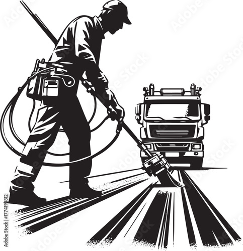 Monochrome vector illustration of road maintenance worker painti