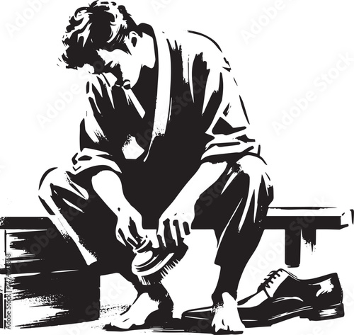 Monochrome illustration of a man meticulously polishing shoes at