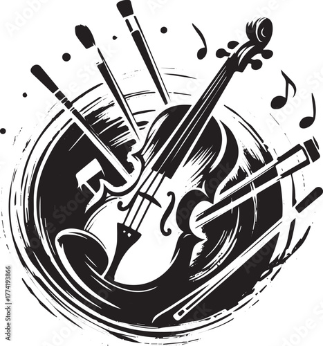 Abstract black and white stringed instrument in sumi-e style cir