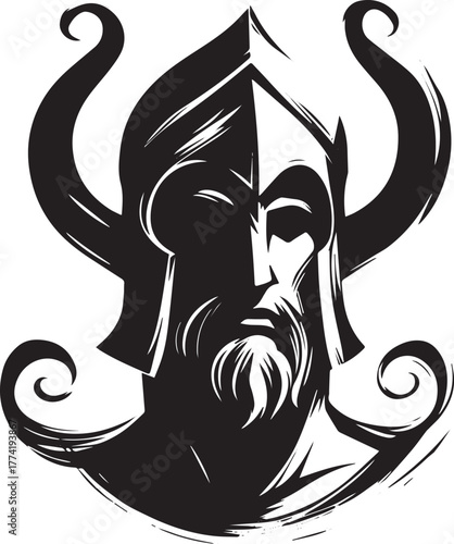 Monochromatic depiction of a mythical figure with horned helmet