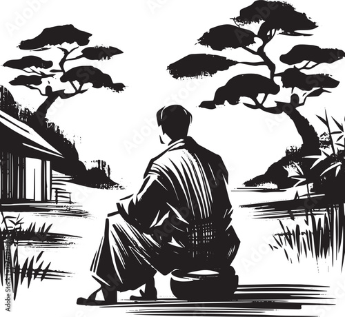 Serene contemplation a man seated in a tranquil sumi-e landscape