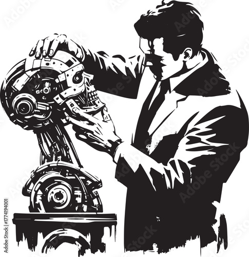 Monochrome Illustration of Engineer Analyzing Robot Head Compone