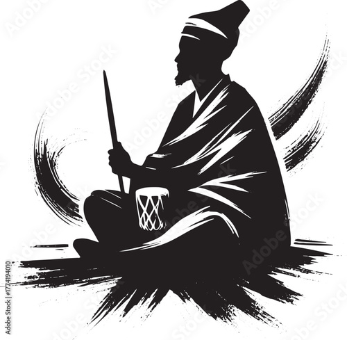 black silhouette musician sitting with drum clip art preview