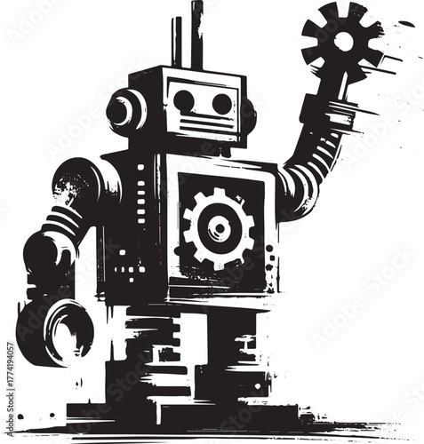 Stylized robot illustration with gear elements in a grungy, mono