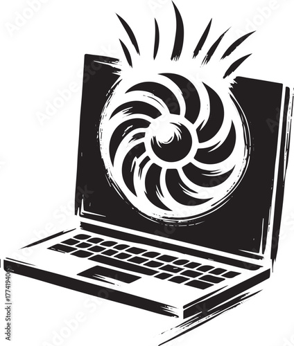 Stylized laptop with prominent cooling fan, depicted in monochro