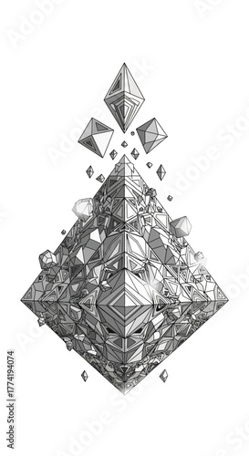 Intricada ilustración geométrica abstracta de una pirámide fractal con formas flotantes y detalles complejos.