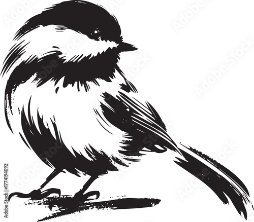 Elegant chickadee illustration in minimalist sumi-e style, avian