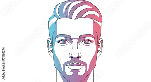 Ilustración vectorial de un rostro masculino con barba y peinado moderno, resaltado con un degradado de colores azul y rosa sobre fondo blanco.