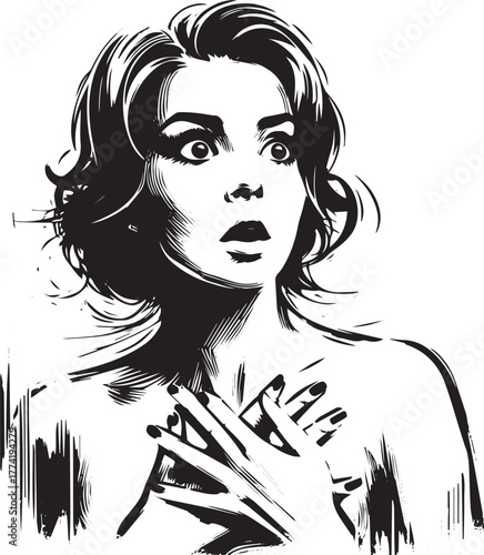 Startled woman with expressive face in black and white illustrat