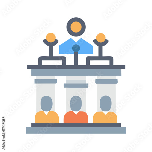 Conference Podium with Three Attendees Flat Icon Design