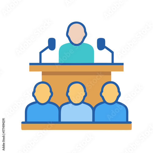 Flat illustration of a presenter with audience on black