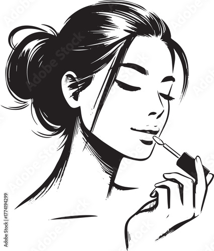 Elegant woman applying lip gloss in monochrome sumi-e style illu