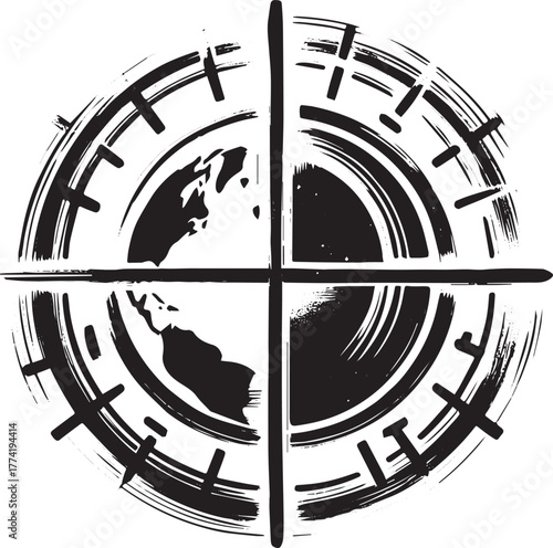 Abstract global clock face design in sumi-e style, unique cultur