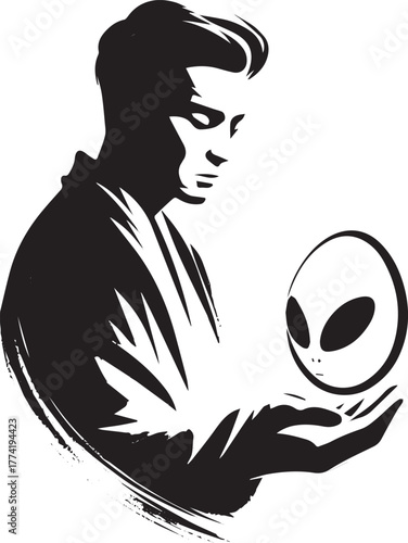 Monochrome depiction of a man cradling an alien egg with reveren