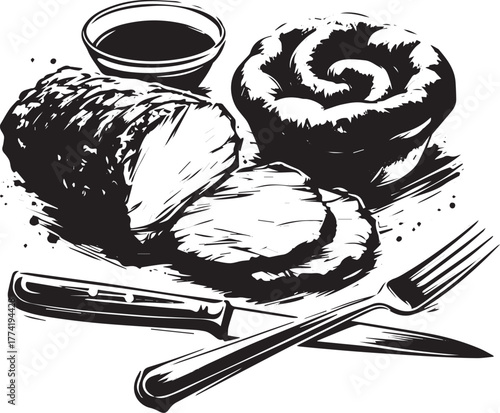 Sumi-e Inspired Roast Beef Dinner with Yorkshire Pudding Illustr