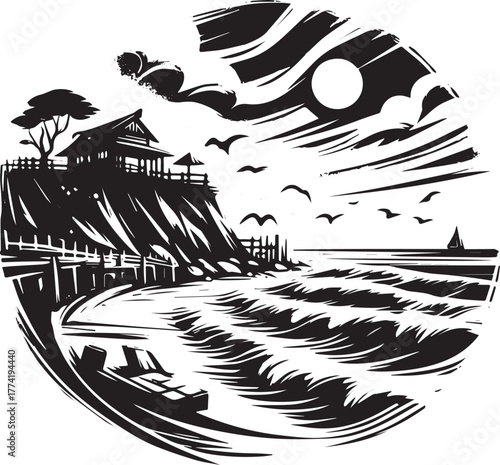 Monochrome seaside tranquility with expressive linework and sere
