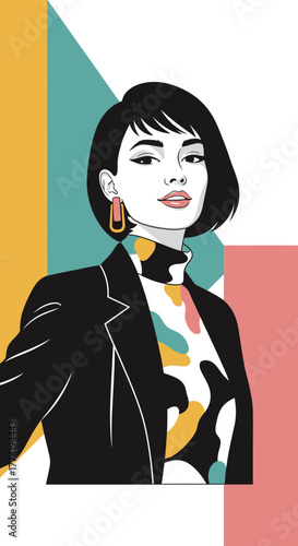 Ilustración de una mujer con cabello oscuro corto, blazer negro y blusa de cuello alto con estampado abstracto, sobre un fondo geométrico colorido.