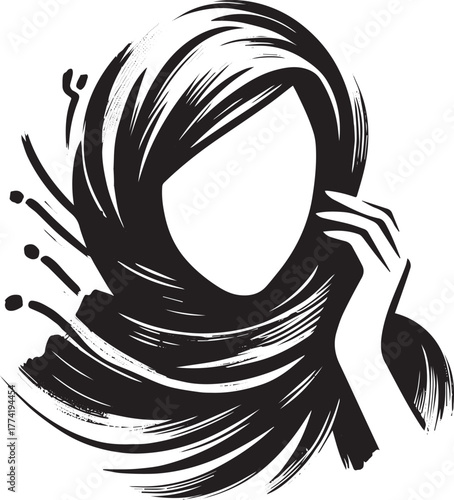 Elegant woman veiled, minimalist brushstroke vector portrait, mo
