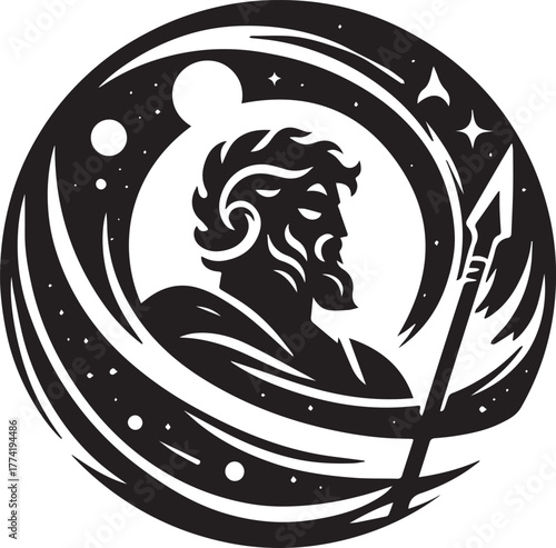 Ares icon in minimalist sumi-e style capturing strength and cele