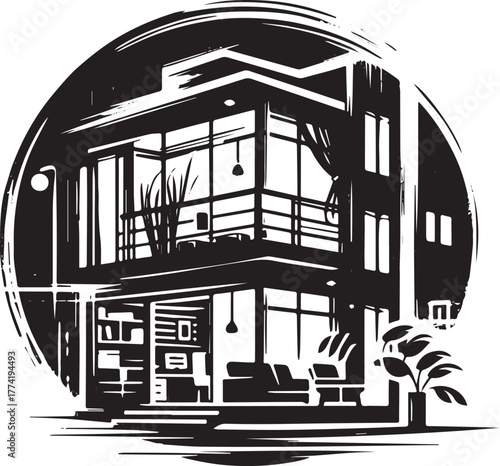 Modern Studio Apartment Icon in Sumi-e Style: A Minimalist Logo