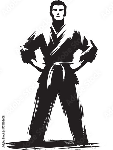 Dynamic sumi-e illustration of a martial artist standing confide