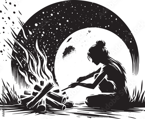 Sumi-e depiction of a woman tending to a campfire beneath a star