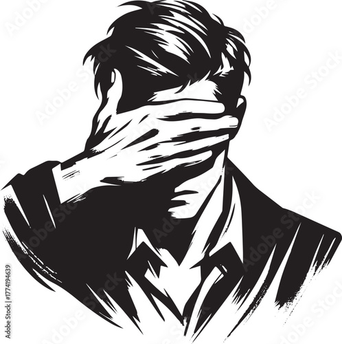 Stylized monochrome illustration of a person shielding their fac