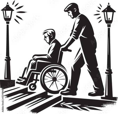 Illustration of a man assisting wheelchair user with accessibili