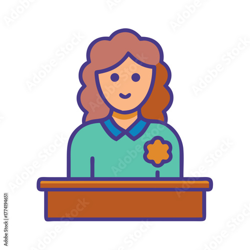 Female police officer avatar icon behind a desk