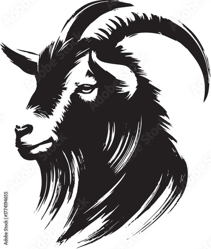 Stylized goat head portrait in monochrome with bold brush stroke