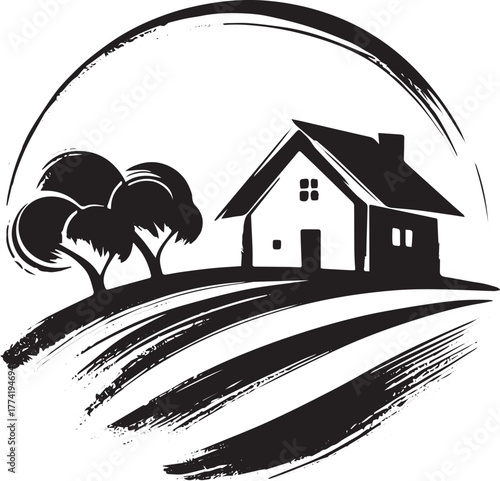 Rustic countryside dwelling vector icon with brushstroke texture