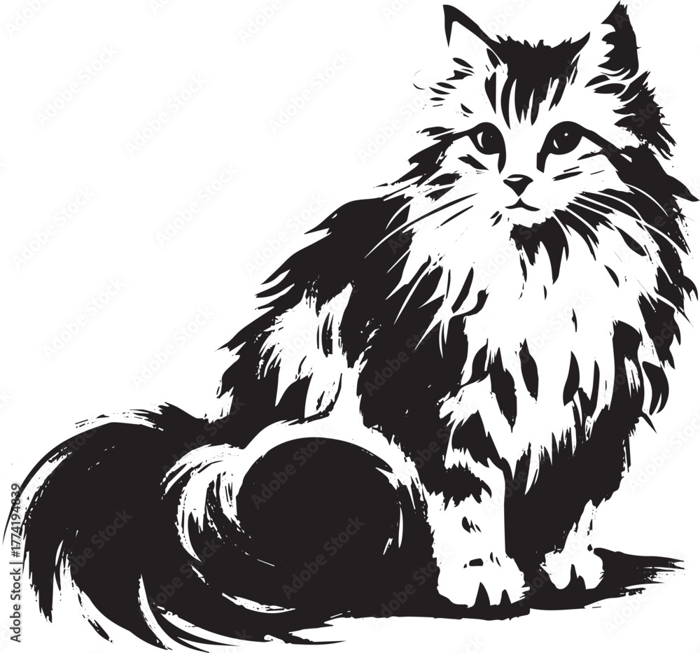 Obraz premium Stylized Kurilian Bobtail illustration in monochrome sumi-e art