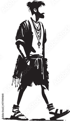 Monochrome sumi-e of a bearded man adorned with layered necklace