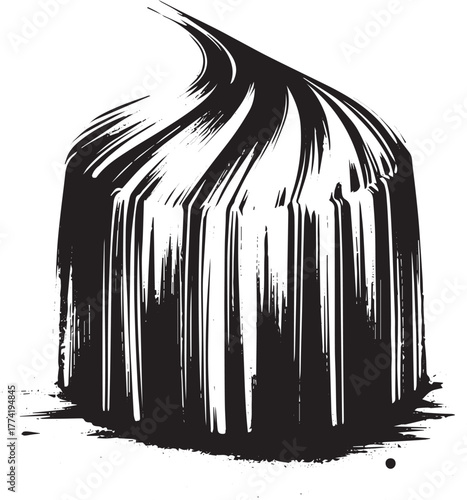 Monochrome ink wash painting of a unique cake design with dynami