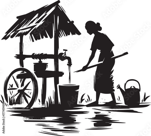Monochrome illustration depicting water collection from a well i