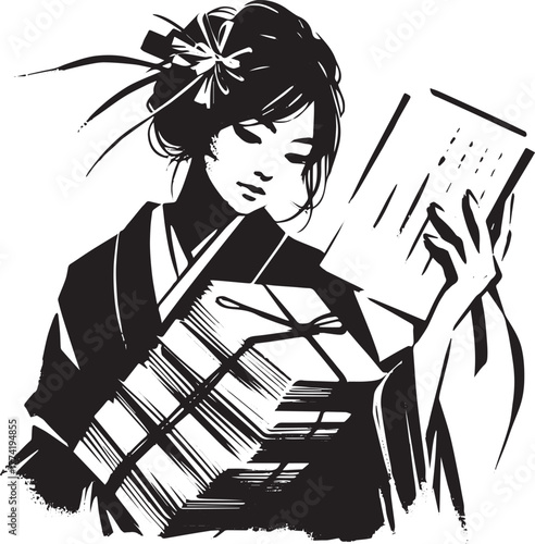 Monochrome elegance: a woman with letters in sumi-e inspired art