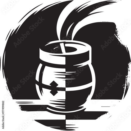 Artistic Sumi-e illustration of a traditional mate gourd with sm