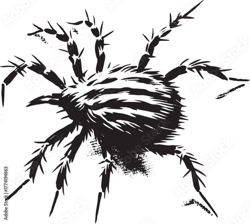 Detailed monochrome ink drawing of a mite arachnid, minimalist s