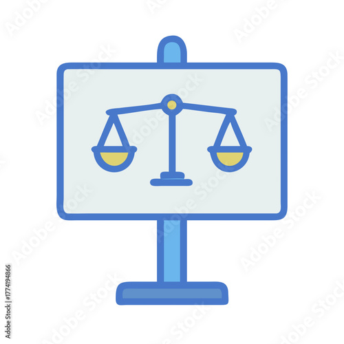 Presentation stand displaying scales of justice symbol on board