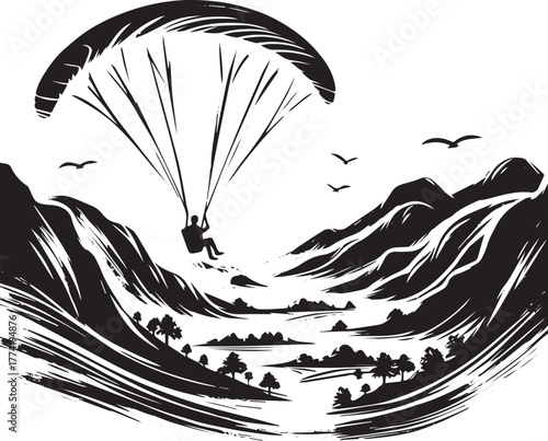 Paraglider soars over valley: Sumi-e style black and white minim