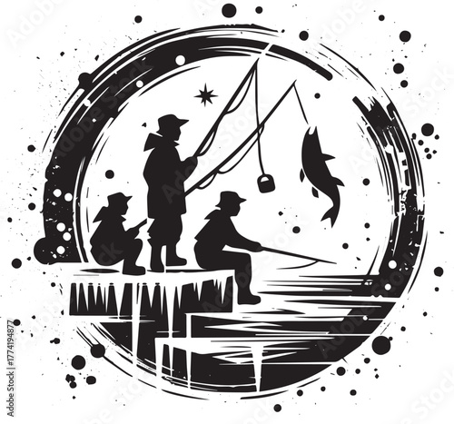 Stylized monochrome illustration of ice fishing scene with brush