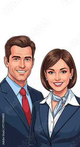 Ilustración de un hombre y una mujer profesionales sonriendo, vestidos con trajes de negocios.