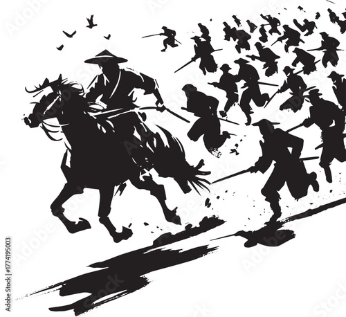 Monochrome illustration featuring a dramatic horseback escape fr