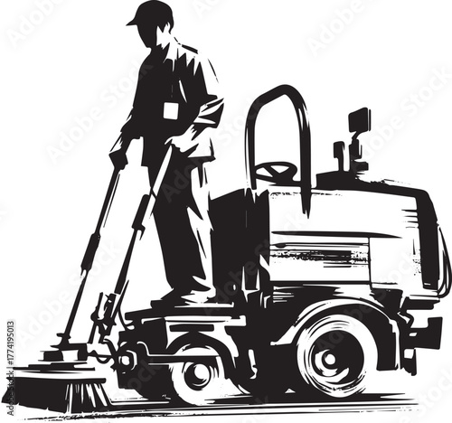 Expressive monochrome illustration of a street cleaner vehicle o