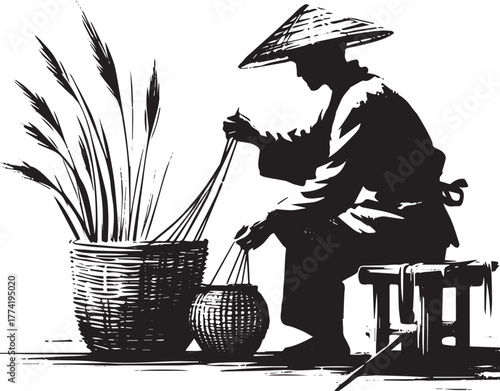 Sumi-e illustration of a man weaving baskets with reeds in rural