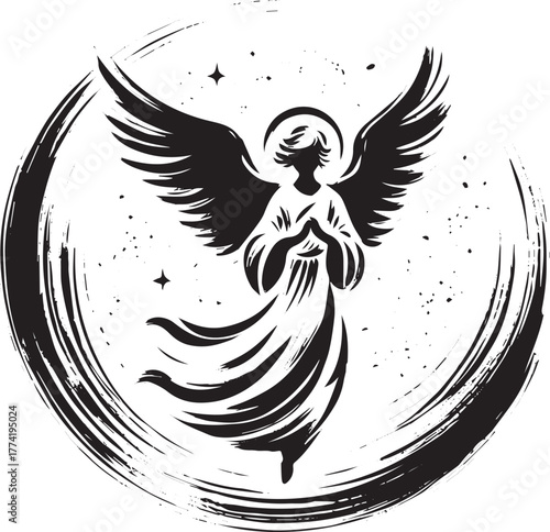 Mystical angel in minimalist sumi-e style within ethereal circle